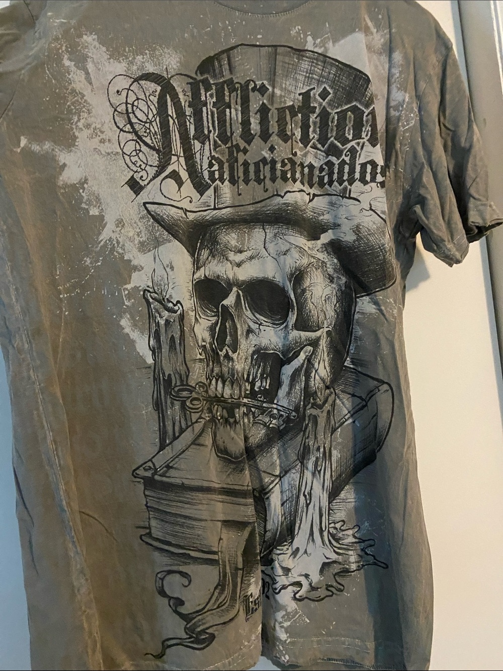Affliction Gray Skull & Candle Graphic Tee Large